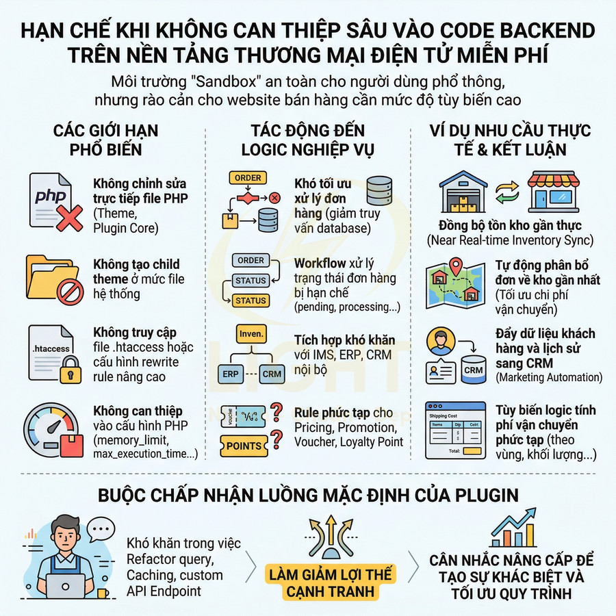 Infographic hạn chế khi không can thiệp code backend trên nền tảng thương mại điện tử miễn phí, ảnh hưởng tùy biến và cạnh tranh