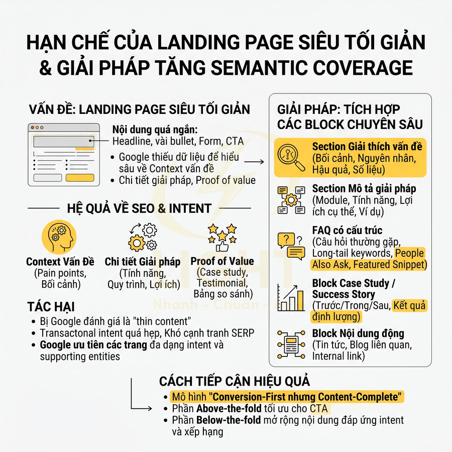Infographic hướng dẫn tối ưu landing page siêu tối giản để tăng semantic coverage và hiệu quả SEO