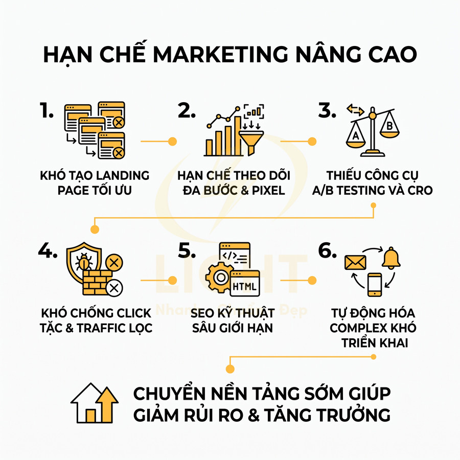 Infographic liệt kê 6 hạn chế marketing nâng cao và khuyến nghị chuyển nền tảng sớm để giảm rủi ro