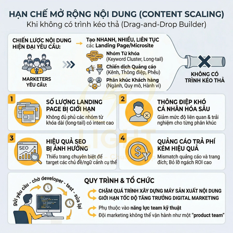 Infographic hạn chế mở rộng nội dung khi không dùng trình kéo thả trong xây dựng landing page và digital marketing