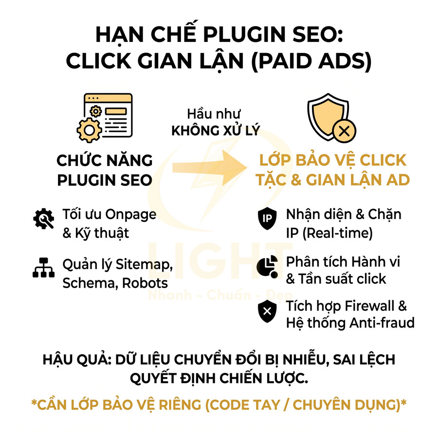 Mô tả hạn chế của plugin SEO trong việc chống click tặc quảng cáo và nhu cầu lớp bảo vệ chống gian lận riêng