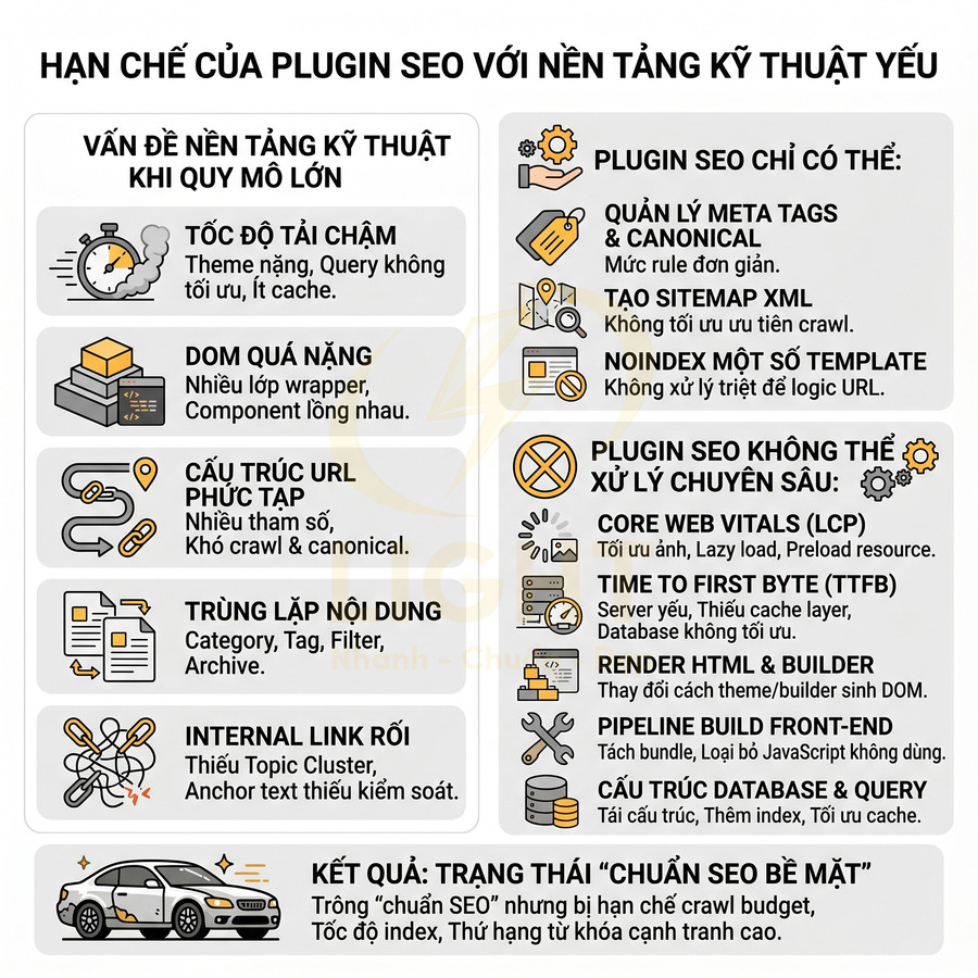 Hạn chế của plugin SEO với nền tảng kỹ thuật yếu và các vấn đề tối ưu website khi quy mô lớn