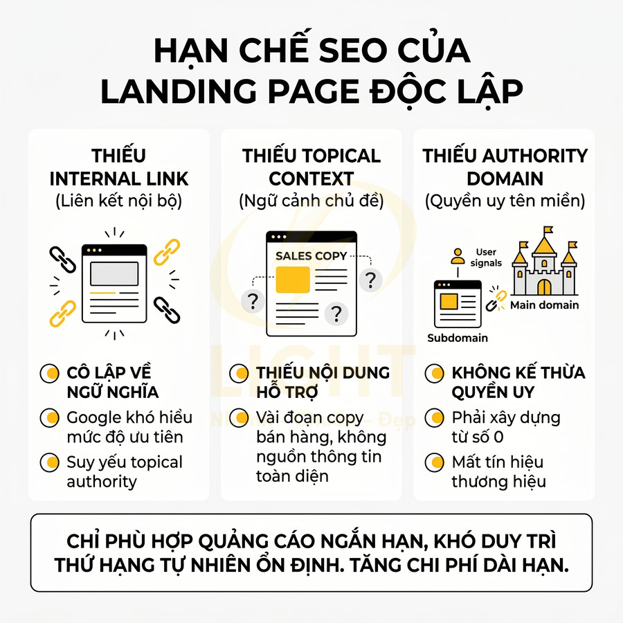 Infographic nêu hạn chế SEO của landing page độc lập về internal link, topical context và authority domain
