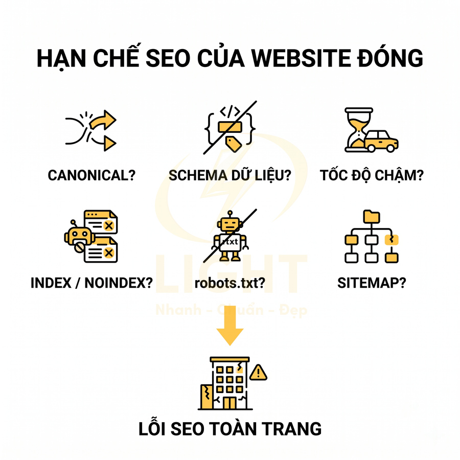 Các lỗi SEO website đóng như canonical, schema dữ liệu, tốc độ tải, index noindex, robots txt và sitemap dẫn tới lỗi toàn trang