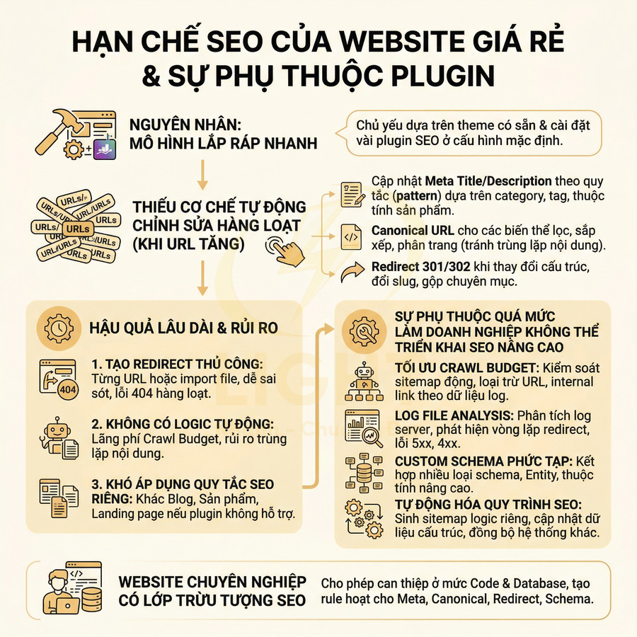Infographic hạn chế SEO của website giá rẻ phụ thuộc plugin so sánh với website chuyên nghiệp có lớp trừu tượng SEO