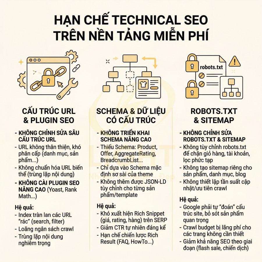 Infographic hạn chế technical SEO trên nền tảng miễn phí về cấu trúc URL, schema dữ liệu và robots.txt sitemap