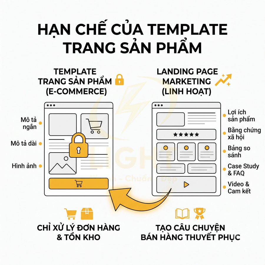 So sánh hạn chế template trang sản phẩm e-commerce với landing page marketing linh hoạt trong bán hàng online