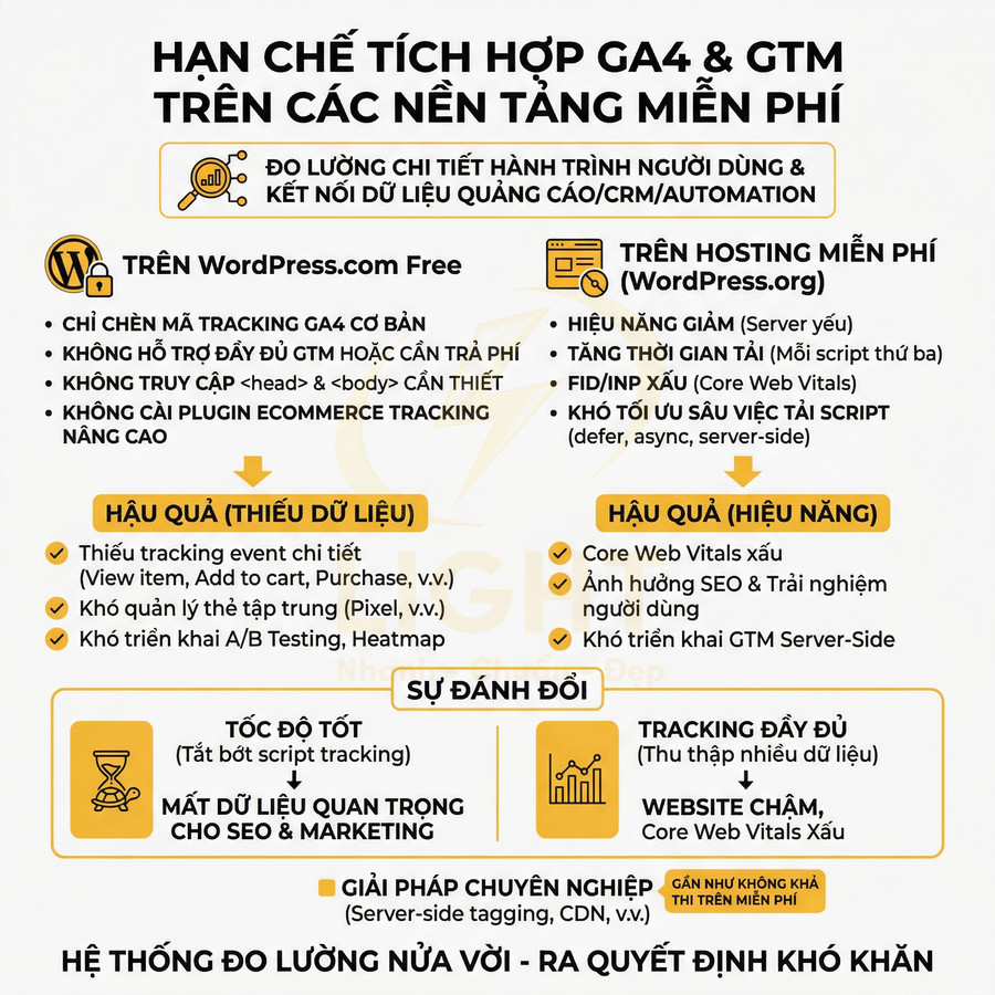 Hạn chế tích hợp GA4 và GTM trên WordPress miễn phí, so sánh hậu quả thiếu dữ liệu và hiệu năng cho SEO marketing