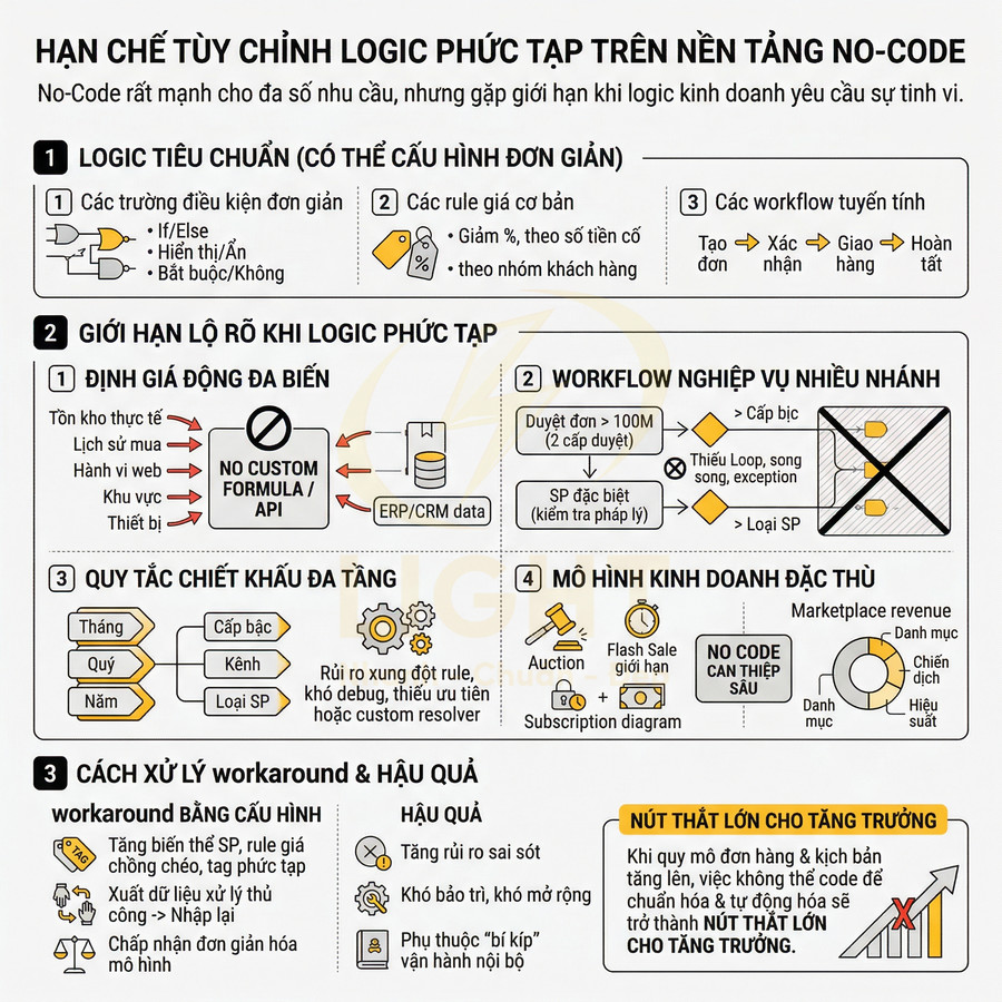 Infographic tiếng Việt về hạn chế tùy chỉnh logic phức tạp và workaround trên nền tảng no code trong doanh nghiệp