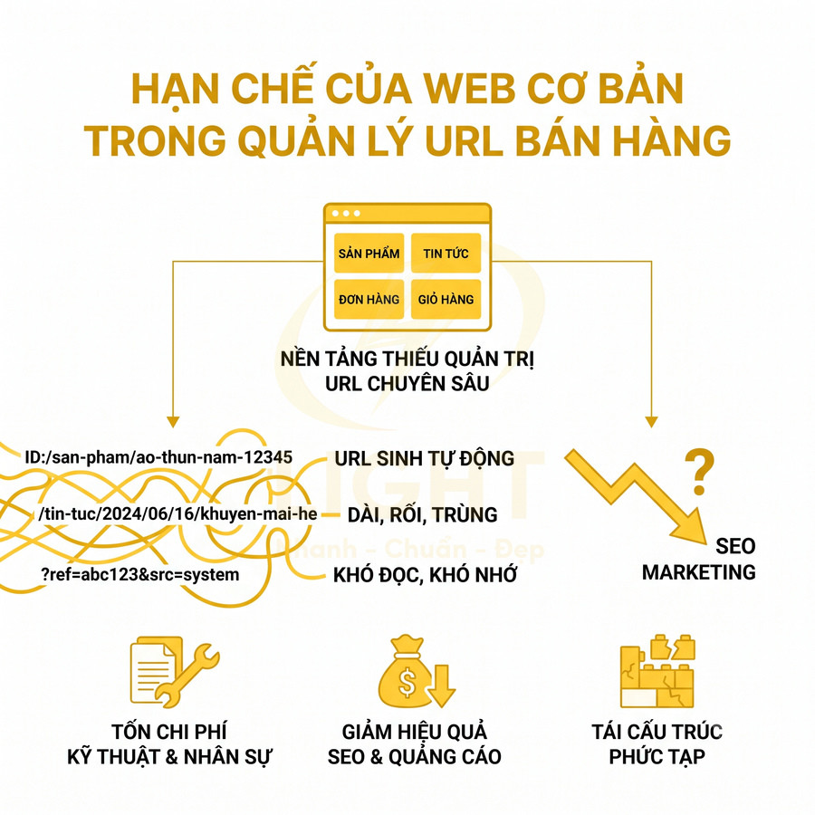 Infographic hạn chế của website cơ bản trong quản lý URL bán hàng, URL dài rối gây giảm hiệu quả SEO và marketing