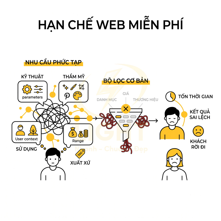 Minh họa hạn chế web miễn phí với nhu cầu phức tạp, bộ lọc cơ bản gây tốn thời gian và làm khách hàng rời đi