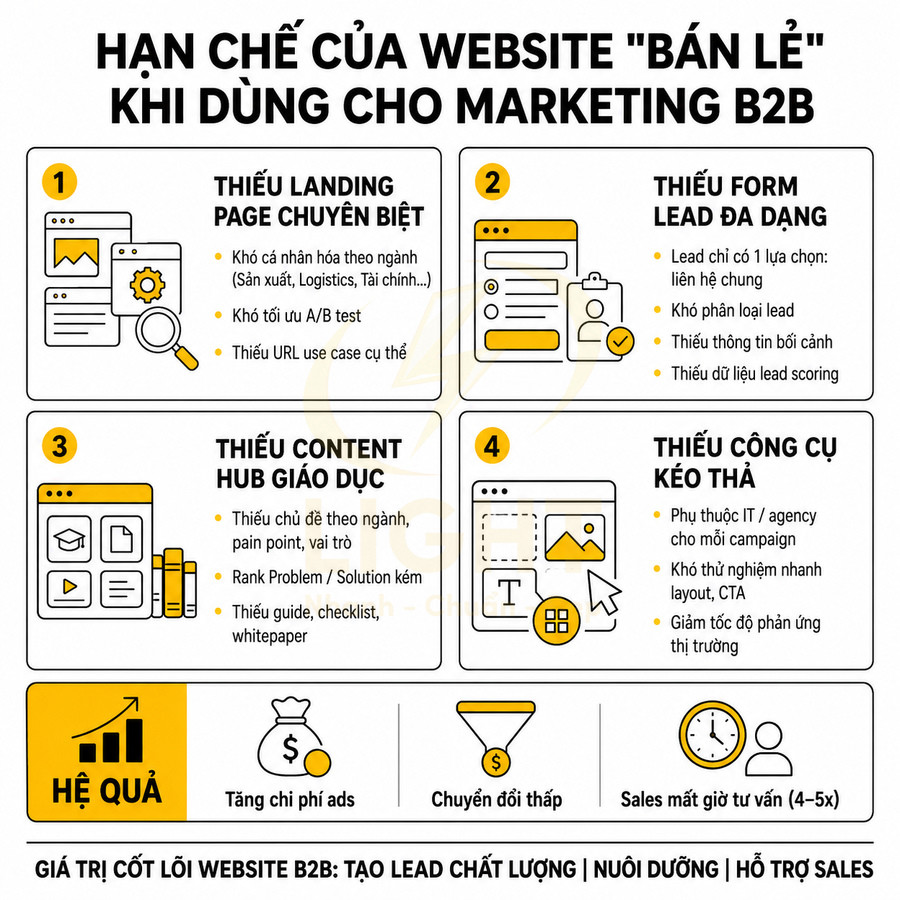 Infographic hạn chế của website bán lẻ khi dùng cho marketing B2B và tác động đến chi phí ads, chuyển đổi, sales