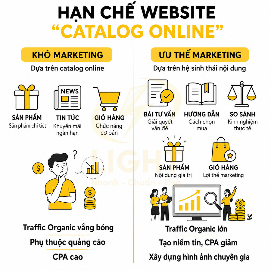 Infographic so sánh hạn chế website catalog online và ưu thế marketing dựa trên hệ sinh thái nội dung