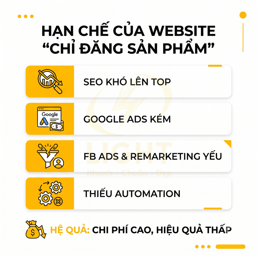 Hạn chế của website chỉ đăng sản phẩm về SEO, Google Ads, Facebook Ads, automation dẫn đến chi phí cao hiệu quả thấp