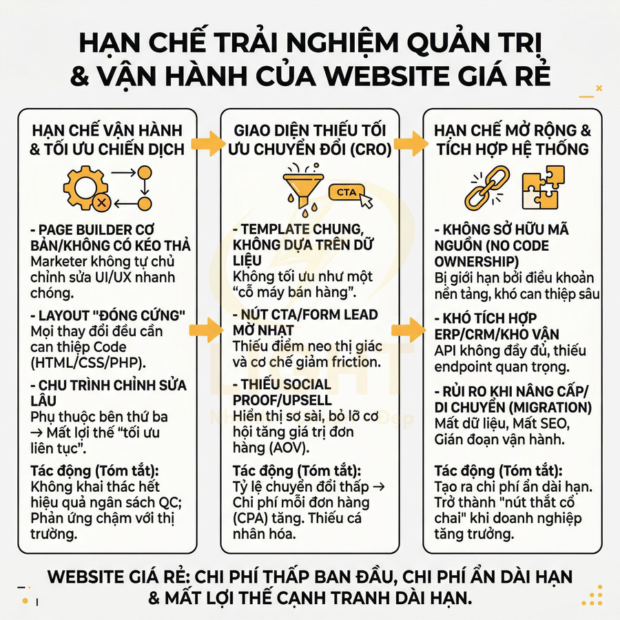 Infographic liệt kê hạn chế trải nghiệm quản trị và vận hành của website giá rẻ cho doanh nghiệp