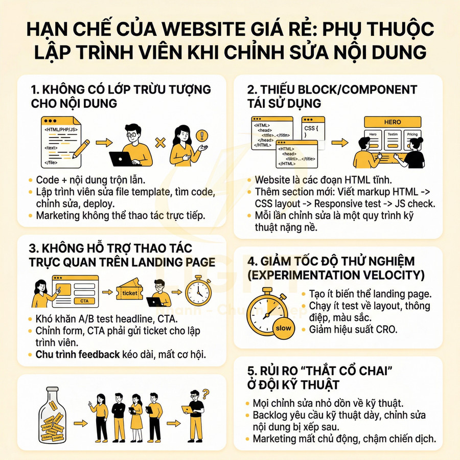 Infographic nêu 5 hạn chế của website giá rẻ khi phụ thuộc lập trình viên để chỉnh sửa nội dung