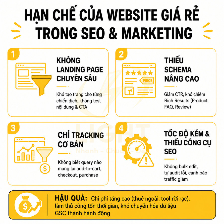 Các hạn chế của website giá rẻ trong SEO marketing và hậu quả chi phí tăng, khó tối ưu chuyển đổi