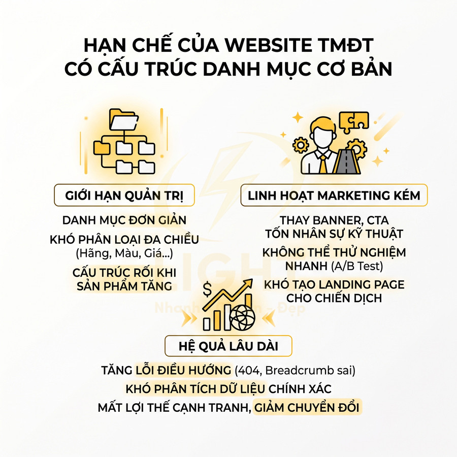 Infographic hạn chế của website thương mại điện tử với cấu trúc danh mục cơ bản và tác động đến quản trị, marketing, chuyển đổi