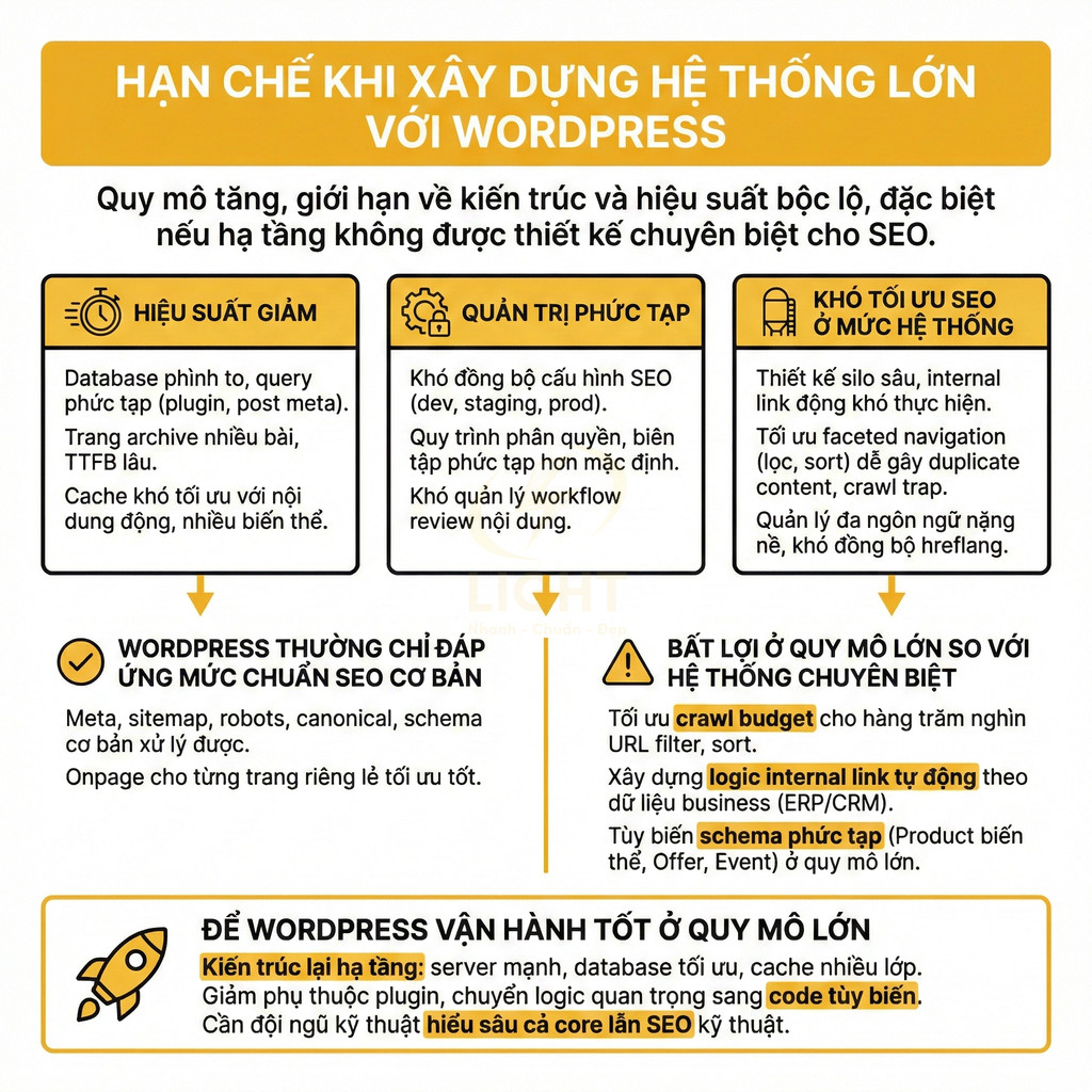 Infographic hạn chế khi xây dựng hệ thống lớn với WordPress và gợi ý tối ưu SEO, hạ tầng, quản trị nội dung