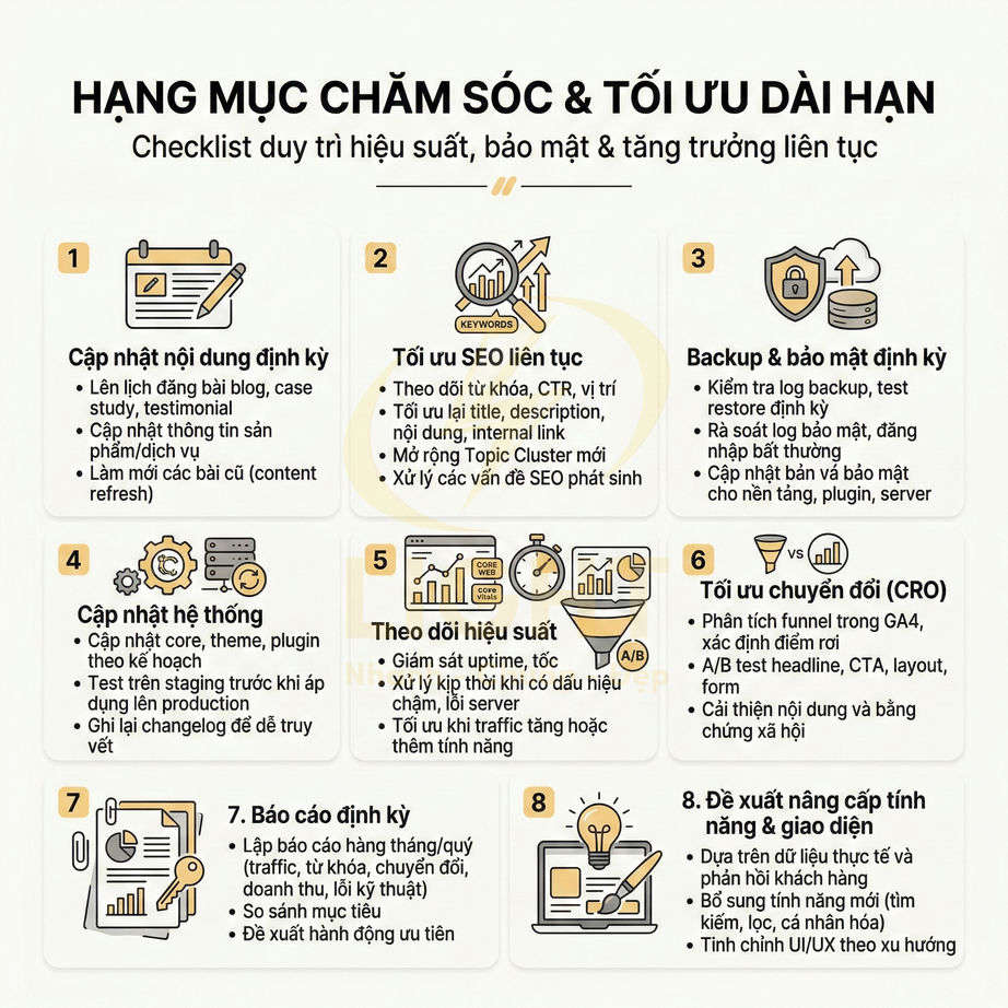 Checklist hạng mục chăm sóc và tối ưu SEO dài hạn cho website, gồm cập nhật nội dung, hệ thống, bảo mật và cải thiện chuyển đổi
