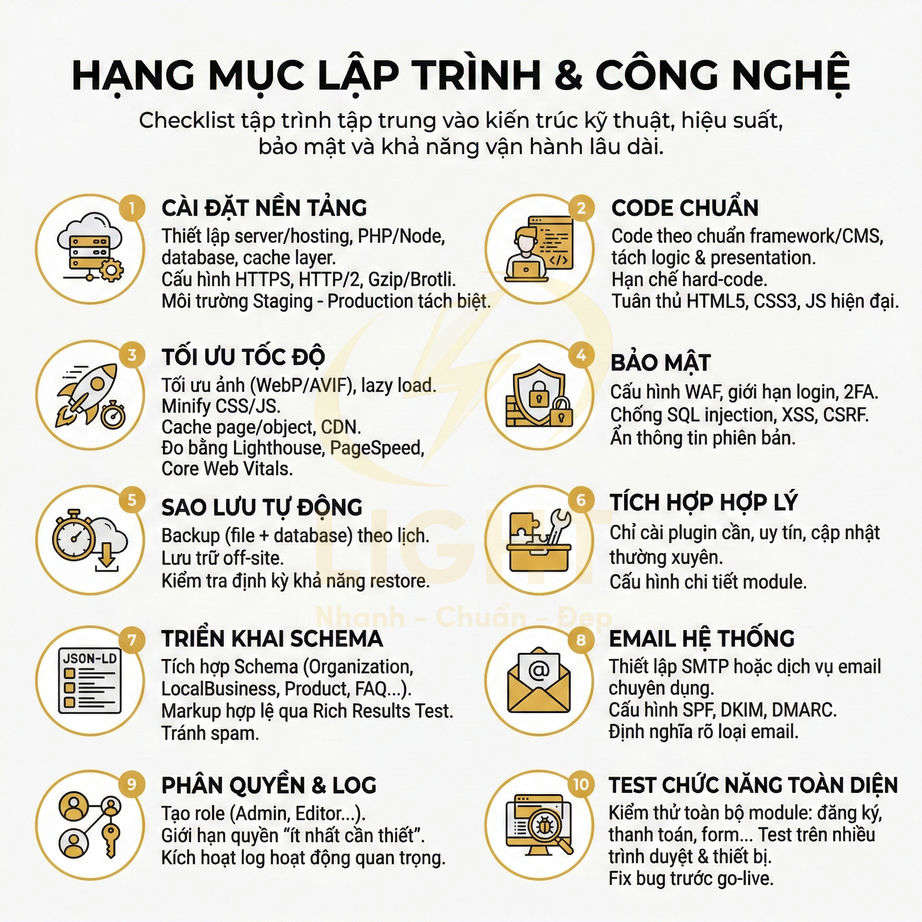 Checklist hạng mục lập trình và công nghệ tối ưu website về cài đặt, bảo mật, tốc độ, sao lưu và kiểm thử chức năng