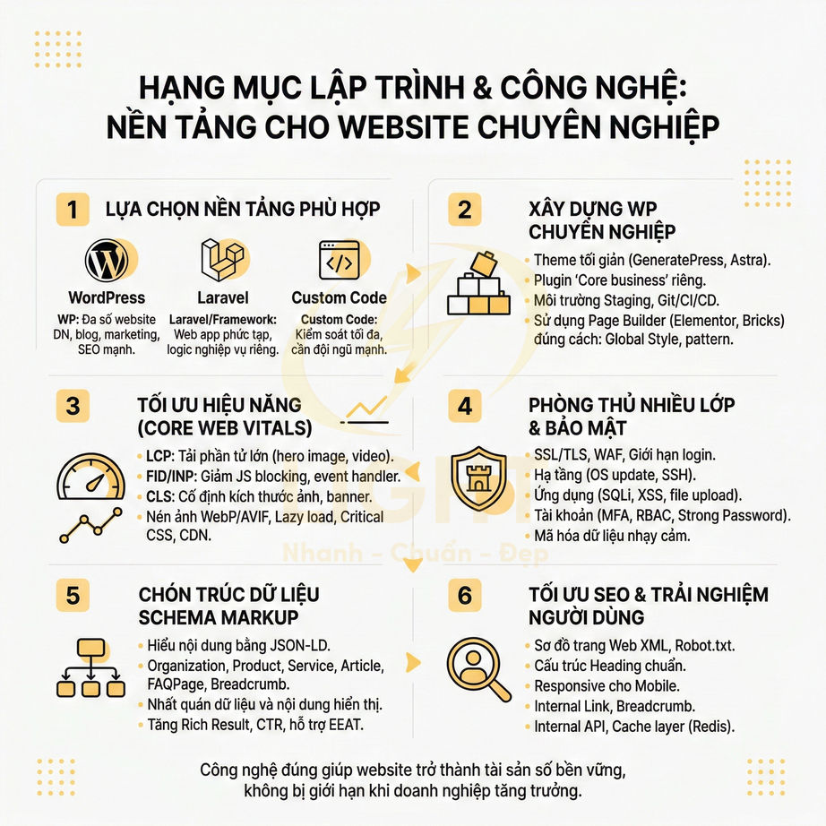 Hạng mục lập trình và công nghệ nền tảng cho website chuyên nghiệp với 6 bước tối ưu hiệu năng, bảo mật và SEO
