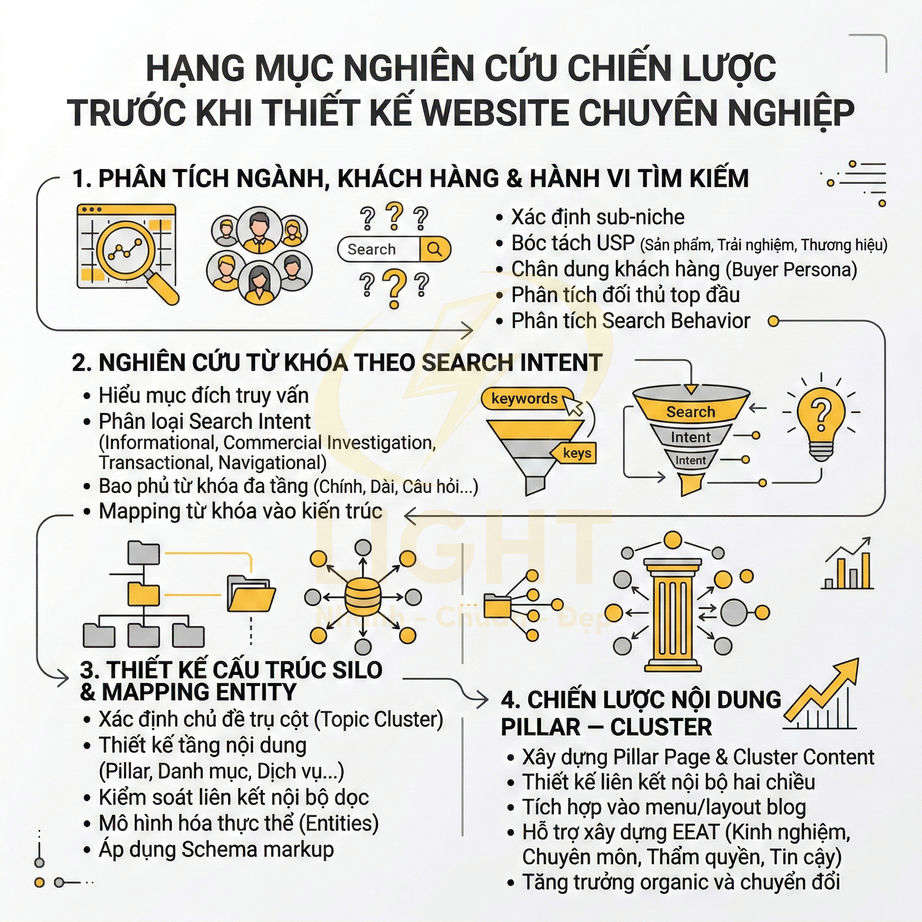 Infographic các bước nghiên cứu chiến lược SEO trước khi thiết kế website chuyên nghiệp bằng tiếng Việt