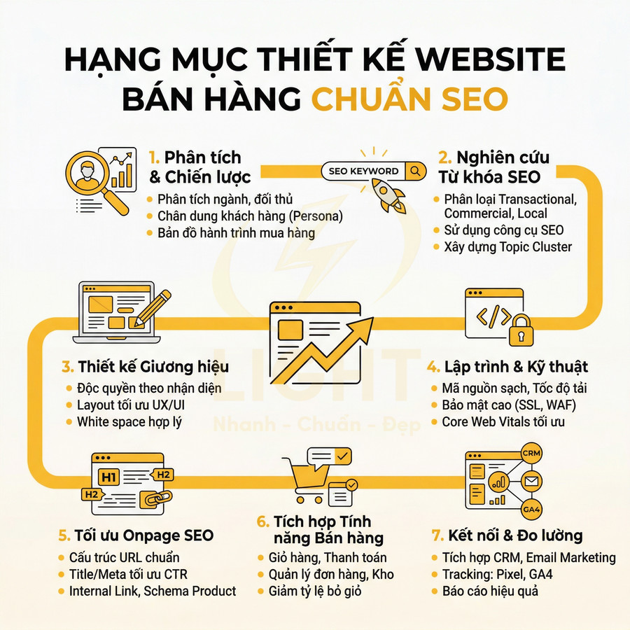 Hạng mục thiết kế website bán hàng chuẩn SEO với 7 bước tối ưu chiến lược, giao diện, kỹ thuật và đo lường hiệu quả