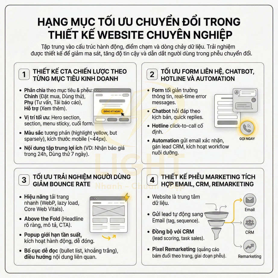Hạng mục tối ưu chuyển đổi trong thiết kế website chuyên nghiệp với CTA, form liên hệ, trải nghiệm người dùng và phễu marketing tích hợp
