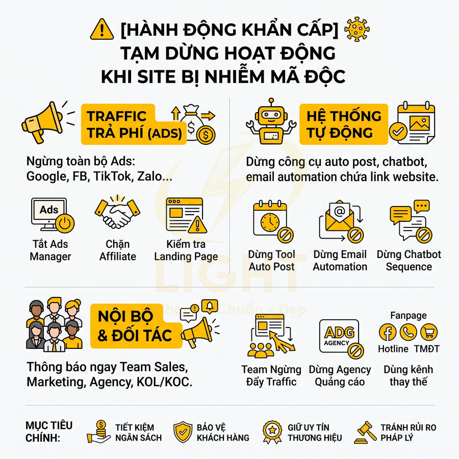 Hướng dẫn tạm dừng quảng cáo, hệ thống tự động và thông báo nội bộ khi website bị nhiễm mã độc