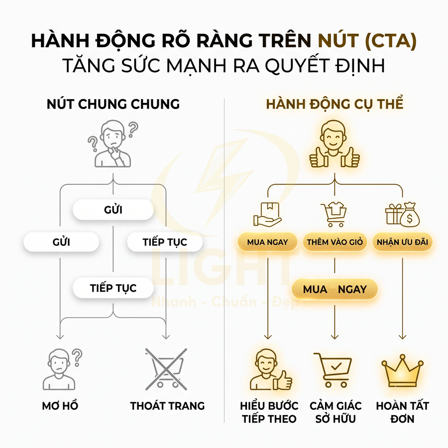 So sánh nút CTA chung chung và nút CTA hành động cụ thể giúp khách hiểu bước tiếp theo và hoàn tất đơn hàng