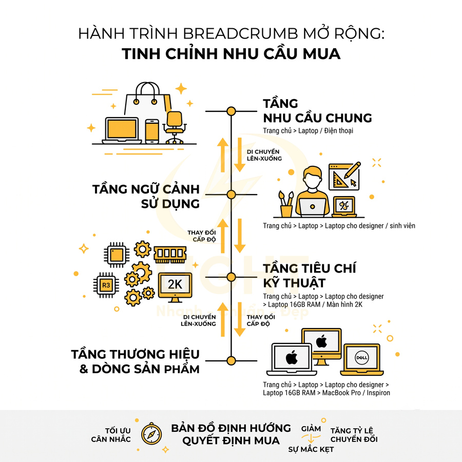 Infographic hành trình breadcrumb mở rộng tinh chỉnh nhu cầu mua laptop và điện thoại theo tiêu chí kỹ thuật, thương hiệu