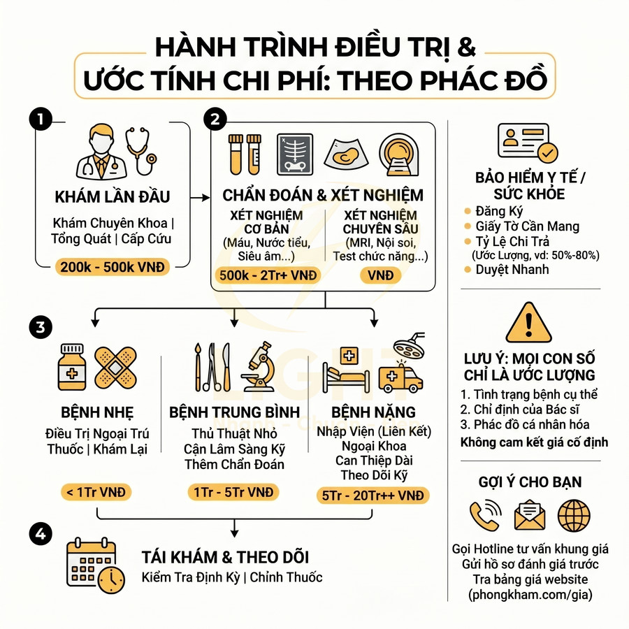 Infographic hành trình điều trị theo phác đồ và ước tính chi phí khám chữa bệnh, xét nghiệm, nhập viện, tái khám