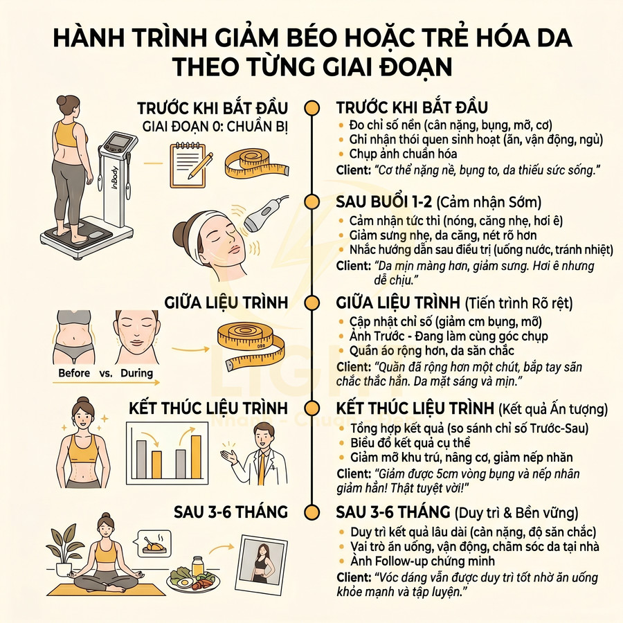 Infographic hành trình giảm béo và trẻ hóa da theo từng giai đoạn với hình minh họa và mô tả chi tiết kết quả