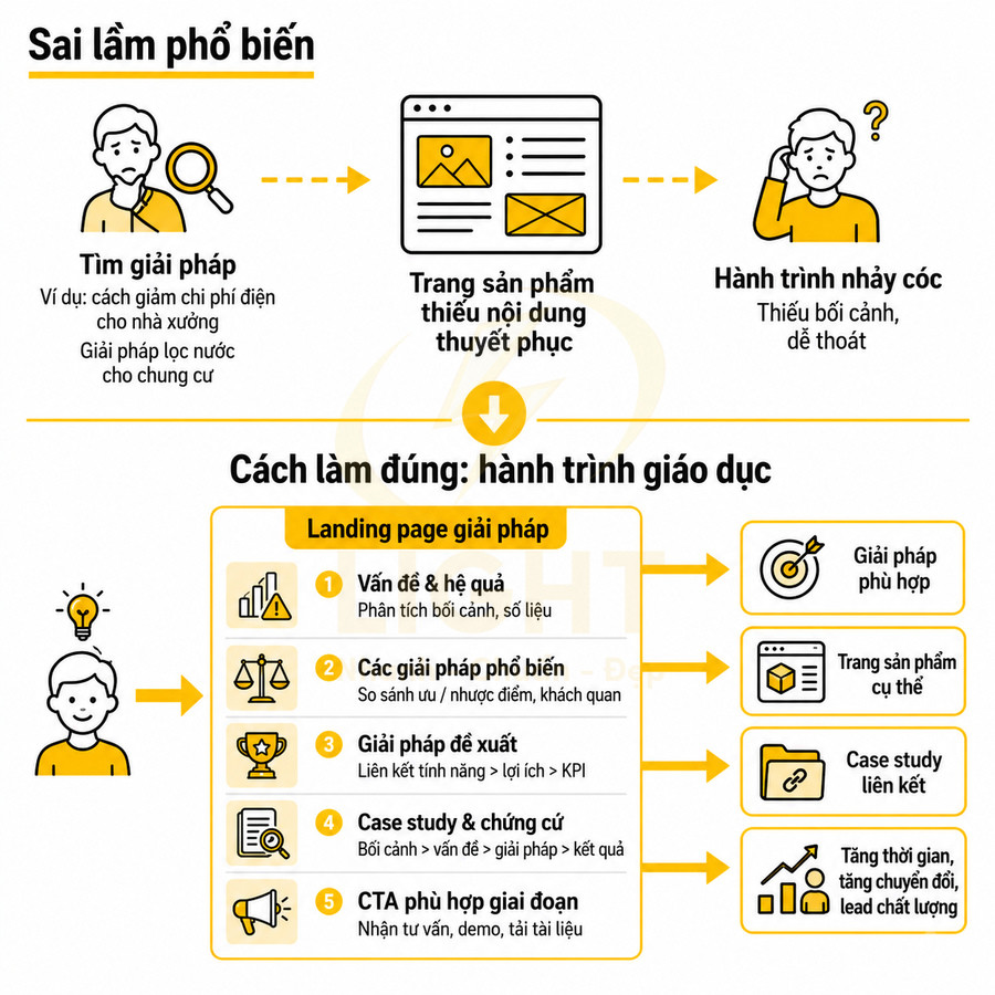 Infographic quy trình xây dựng landing page giải pháp chuẩn, tránh sai lầm trang sản phẩm thiếu nội dung thuyết phục