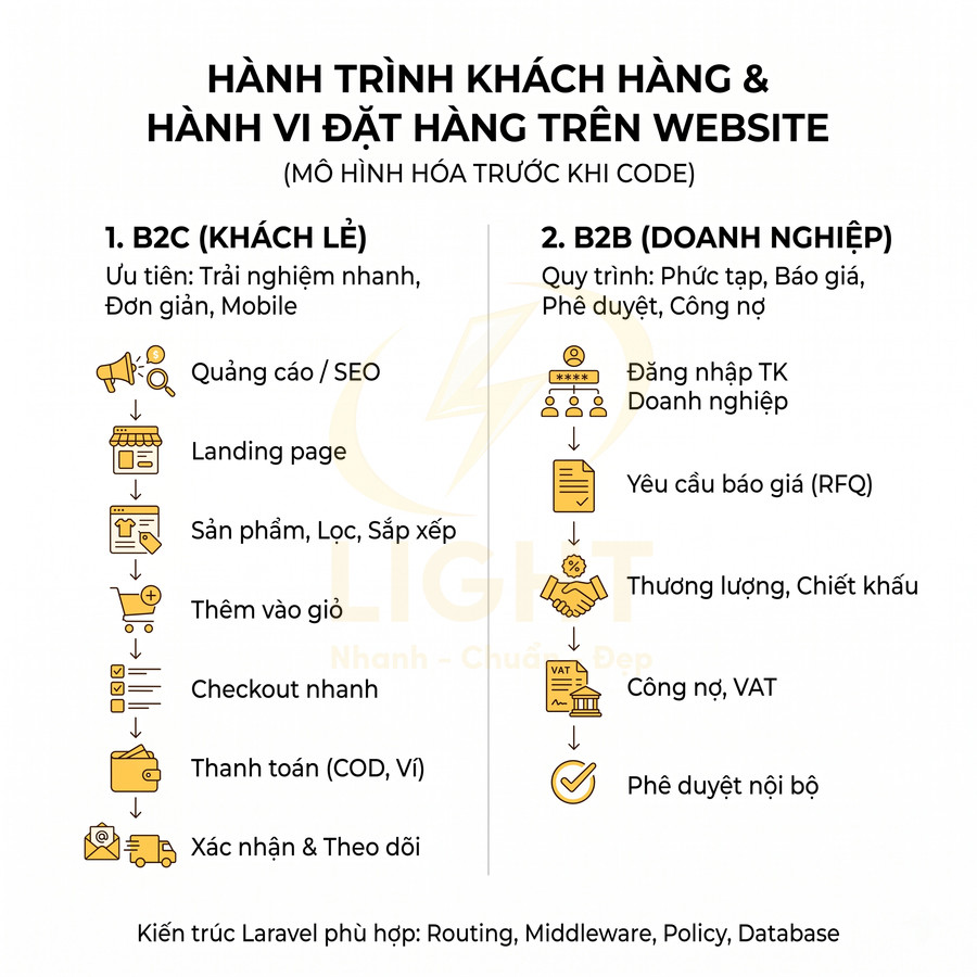 Hành trình khách hàng B2C và B2B khi đặt hàng trên website, mô tả các bước từ quảng cáo đến thanh toán