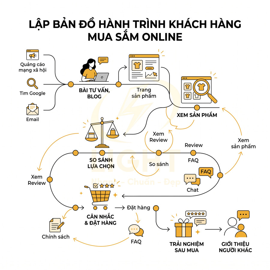Sơ đồ hành trình khách hàng mua sắm online từ tìm kiếm, xem sản phẩm đến đặt hàng và giới thiệu người khác