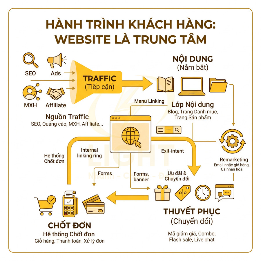 Sơ đồ hành trình khách hàng với website là trung tâm, từ nguồn traffic đến nội dung, thuyết phục và chốt đơn hàng