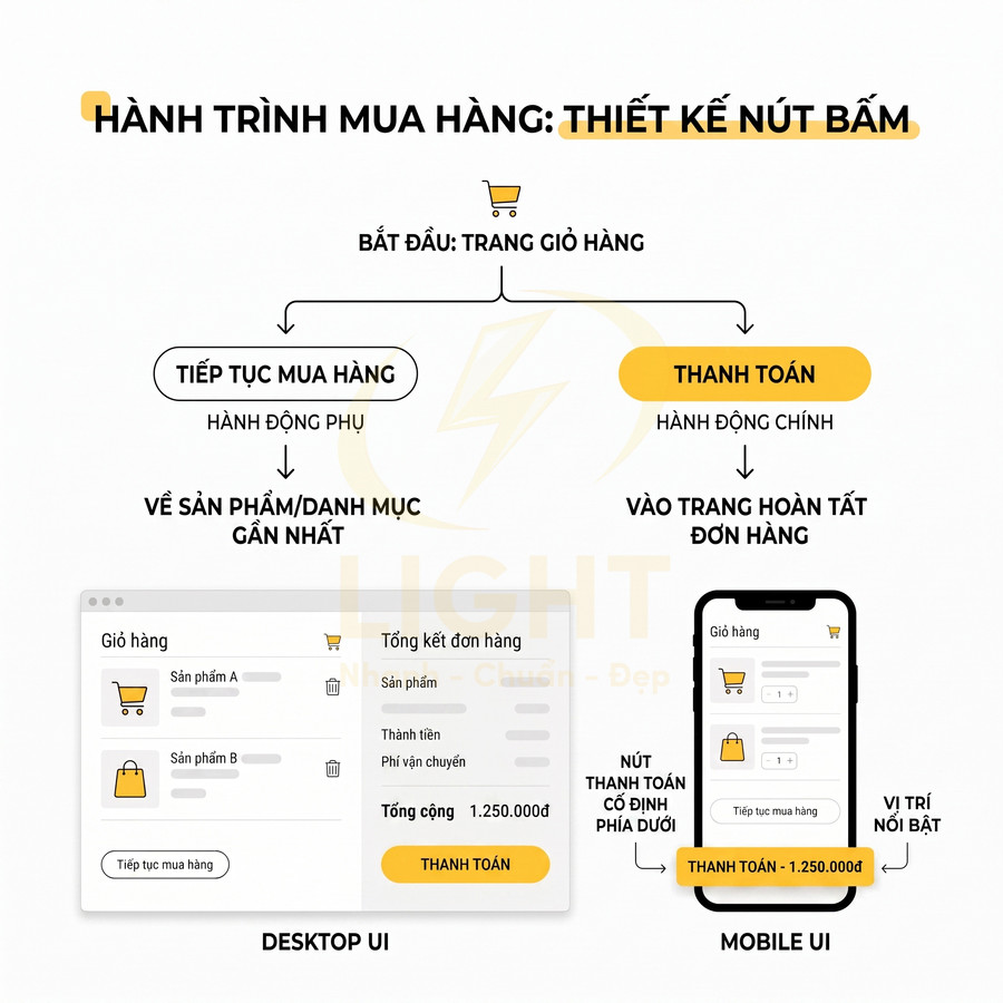 Thiết kế nút thanh toán nổi bật trong giao diện giỏ hàng desktop và mobile cho hành trình mua hàng online