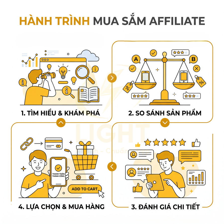 Hành trình mua sắm affiliate minh họa các bước tìm hiểu, so sánh, mua hàng và đánh giá sản phẩm online