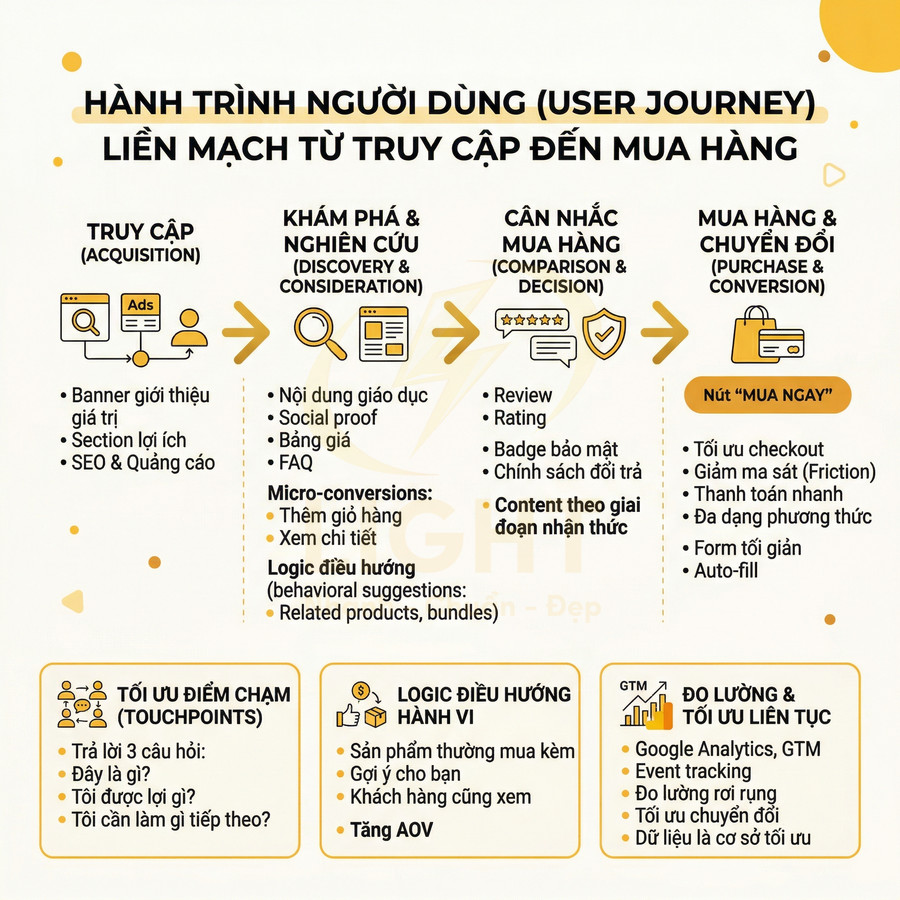 Sơ đồ hành trình người dùng từ truy cập, khám phá, cân nhắc đến mua hàng và tối ưu chuyển đổi trong marketing online