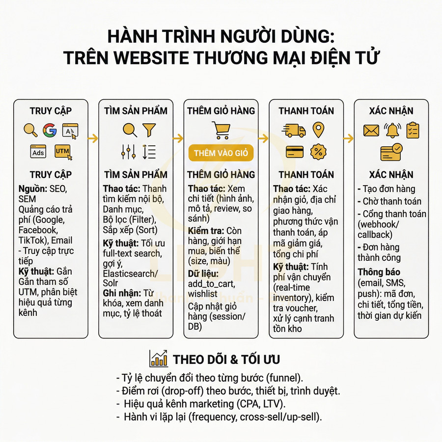 Hành trình người dùng trên website thương mại điện tử từ truy cập, tìm sản phẩm, thêm giỏ hàng đến thanh toán và xác nhận