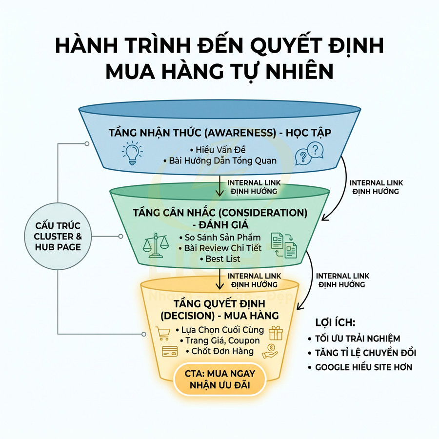 Phễu marketing mô tả hành trình khách hàng từ nhận thức, cân nhắc đến quyết định mua hàng và CTA mua ngay