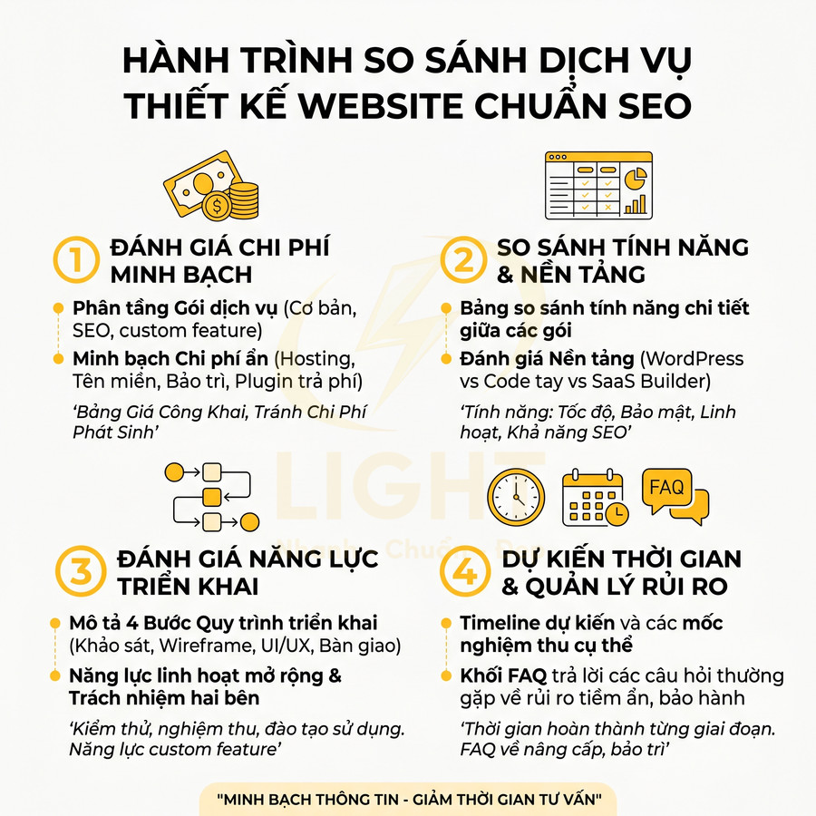Hành trình so sánh dịch vụ thiết kế website chuẩn SEO với 4 bước đánh giá chi tiết