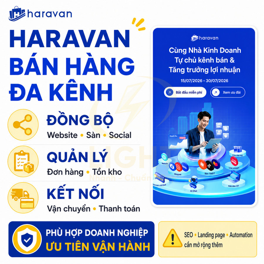Banner Haravan giới thiệu giải pháp bán hàng đa kênh đồng bộ website sàn social quản lý đơn hàng kết nối vận chuyển thanh toán