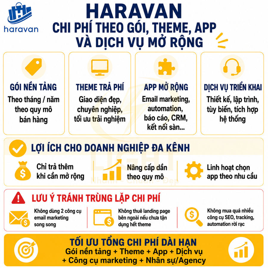 Infographic giới thiệu chi phí gói nền tảng, theme, app và dịch vụ triển khai Haravan cho doanh nghiệp đa kênh