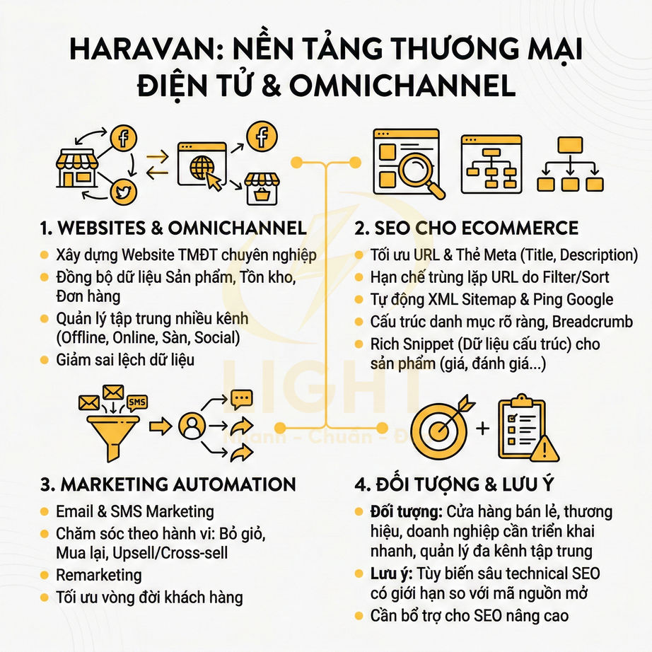 Haravan nền tảng thương mại điện tử omnichannel với tính năng website, SEO, marketing automation và quản lý bán lẻ
