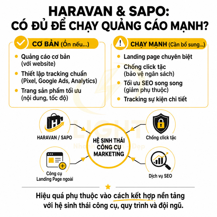 Infographic so sánh Haravan và Sapo với hệ sinh thái công cụ marketing, landing page, chống click tặc và dịch vụ SEO