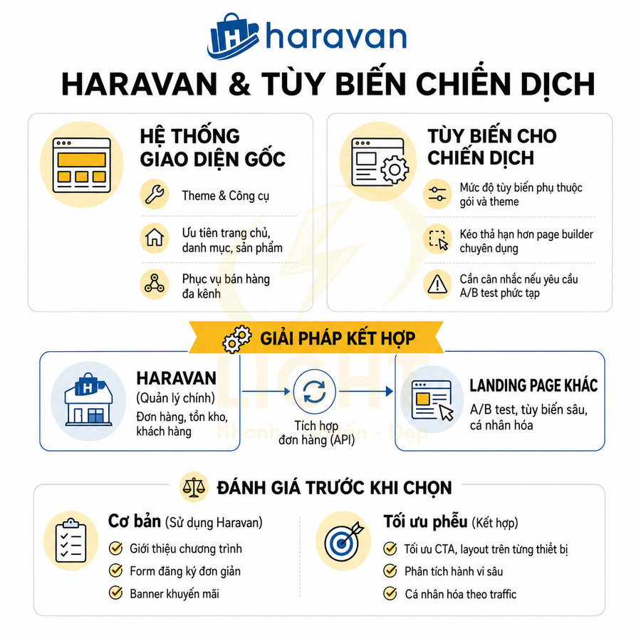Infographic giải pháp Haravan tùy biến chiến dịch marketing, kết hợp landing page và hệ thống quản lý đơn hàng