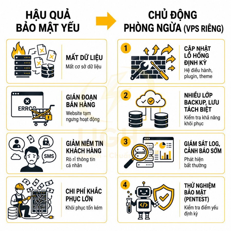 Infographic hậu quả bảo mật yếu và giải pháp chủ động phòng ngừa VPS riêng cho website, dữ liệu doanh nghiệp
